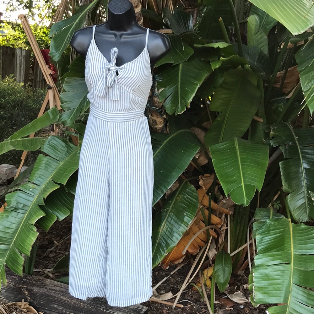 Wide leg tie front stripe cropped jumpsuit